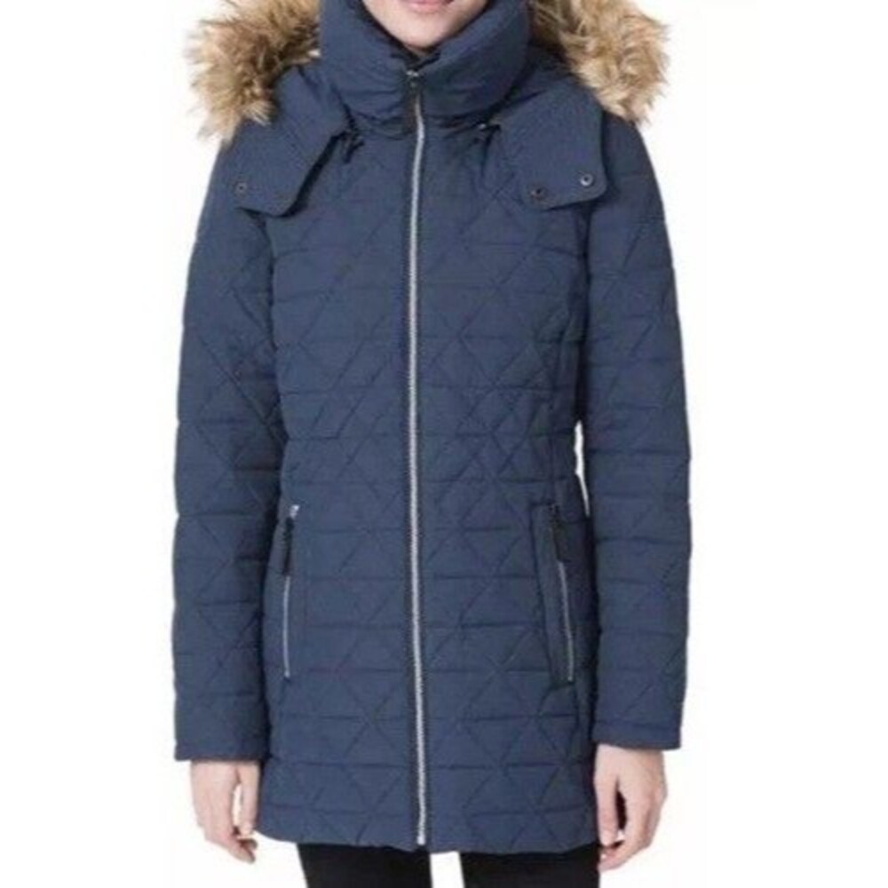 Andrew Marc Mid Length Quilted Puffer Coat Navy Blue Small S Removable Hood NWOT